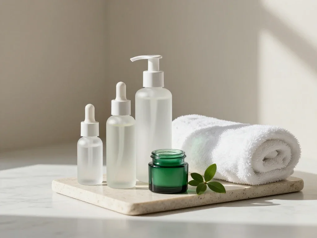 Flacons de soin minimalistes sur un plan en marbre, symbolisant le raffinement et l'expertise beauté.