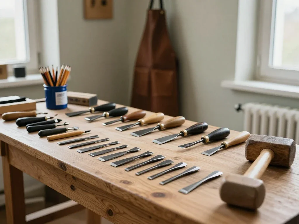 Outils de menuiserie artisanaux alignés sur un établi, illustrant la diversité et la précision du choix.