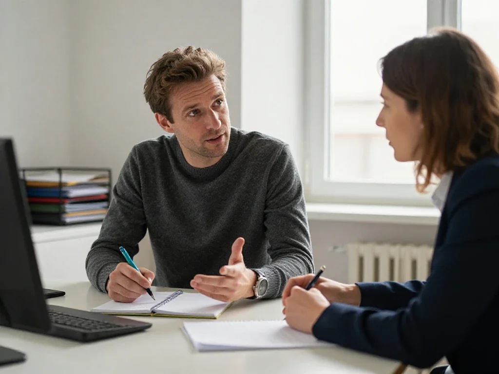 Deux professionnels français discutent autour d'une table pour assurer une communication fluide en entreprise.